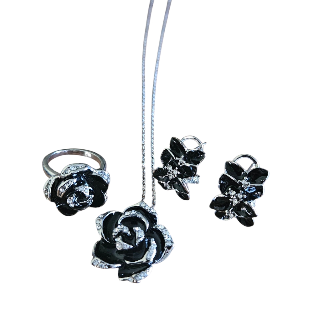 😁Elegant Black and Silver Rose Jewelry Set